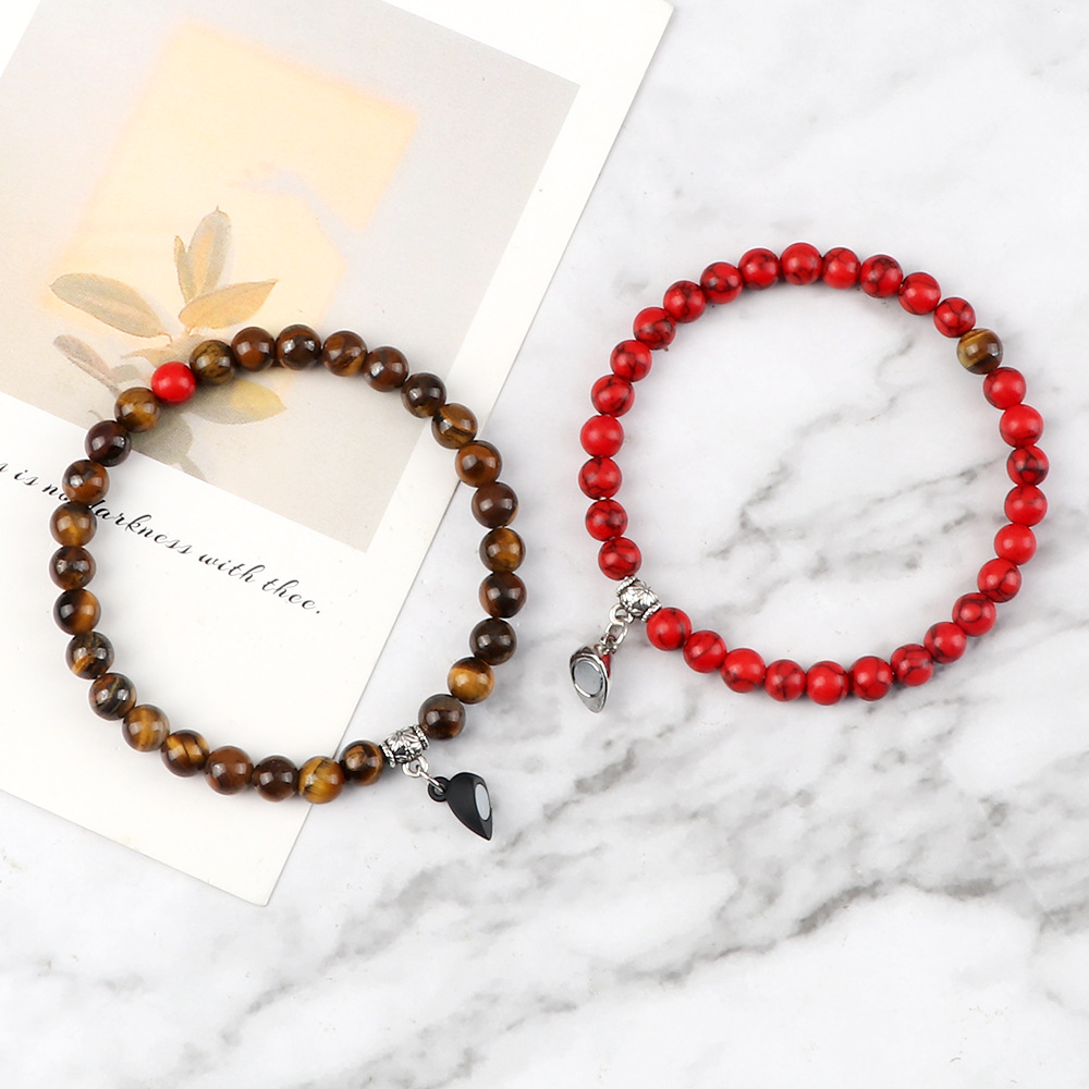 New Chinese style niche love couple set heart shaped magnetic buckle elastic bracelet simple versatile bead elastic bracelet_voghion.com