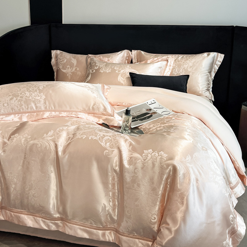 European-style Light Luxury Jacquard Four-piece Set For Spring Summer, Made Of Pure Cotton Yarn-dyed Satin, Includes Bed_voghion.com
