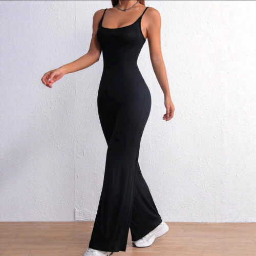 New European and American Style Strappy Jumpsuit, Long-Length Peach-Colored Hip-Slimming Sexy Yoga Wear, One-Piece Overalls