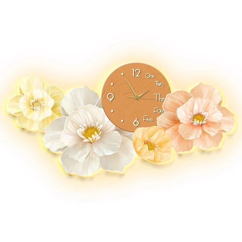 Cream viento sala de estar decoración pintura de fondo sofá colgar pintura de pared con reloj moderno minimalista floral LED pintura de lámpara luminosa