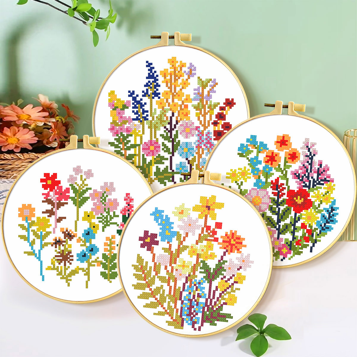 Novato paquete de materiales de bordado cruzado flores y hierba decoración de sala de estar DIY fabricantes hechos a mano al por mayor