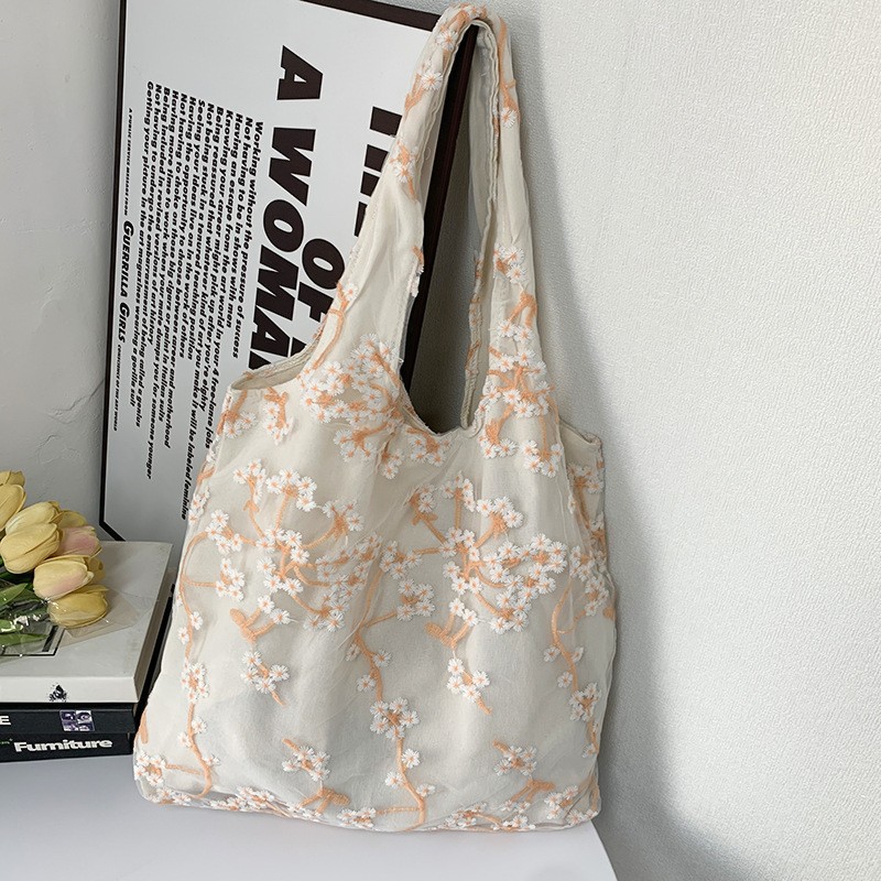 Bolsa de lona bordada bolsa de compras de malla bolsa de verano estudiante artístico clase de viaje Calle tiro bolsa de mano entrega de una pieza