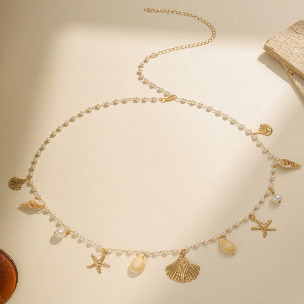 Scallop, Starfish, Conch Pattern Wholesale Jewelry Hawaiian Beach Modern Style Scallop Starfish Conch Imitation Pearl Metal Waist Chain