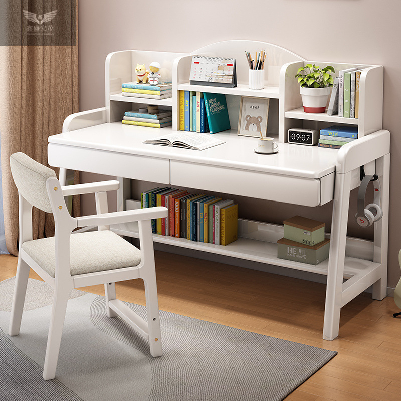 Escritorio de madera maciza, escritorio elevador manual, escritorio para estudiantes de secundaria, dormitorio, hogar, escritorio simple, estantería, escritorio integrado, escritorio y silla image 5