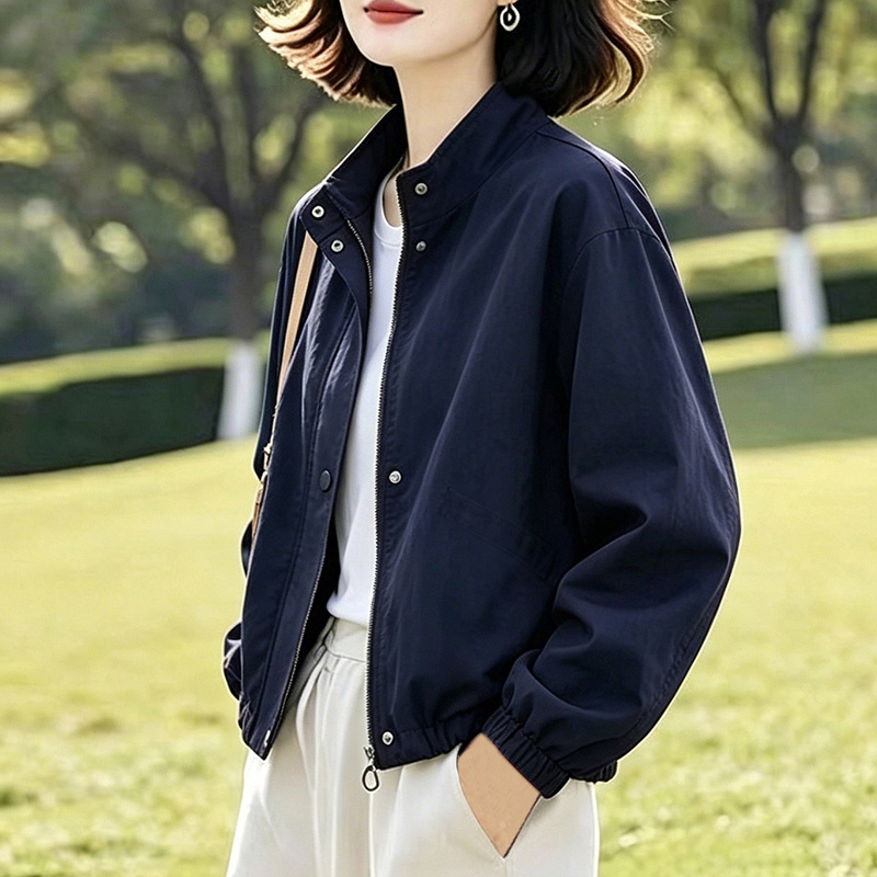2026 Spring and Autumn New Workwear Stand Collar Jacket for Women, Zipper Cardigan, Short Casual Drop-Shoulder Long-Sleeve Top