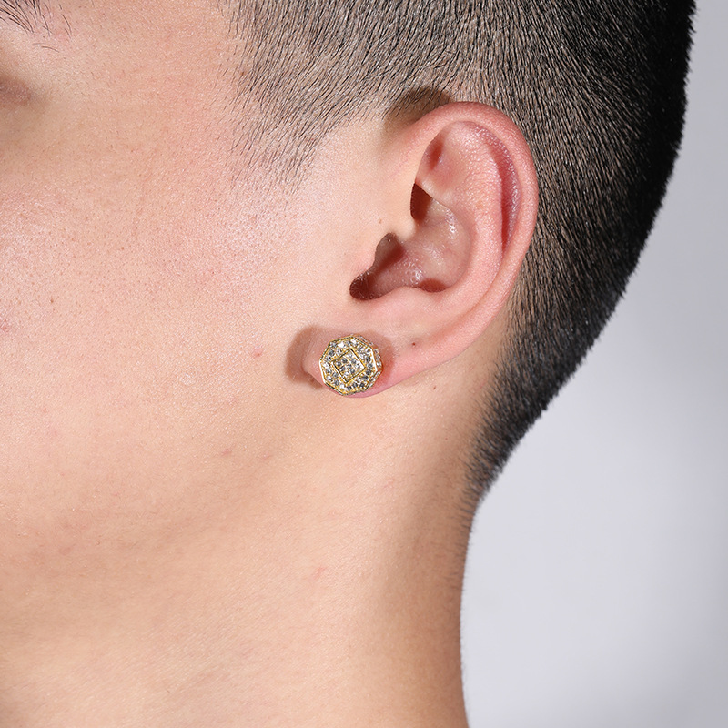 HIPHOP full diamond three-dimensional geometric earrings, personalized Instagram style fashion accessories, men's_voghion.com