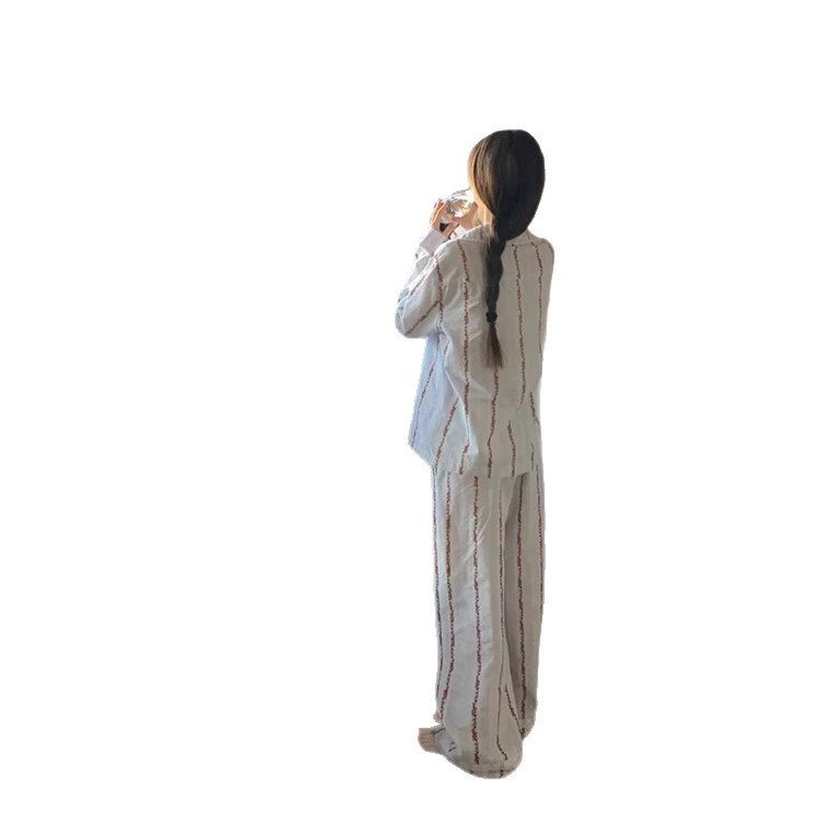 法式复古碎花条纹睡衣春秋女薄款高级感长袖长裤两件套大码套装|undefined