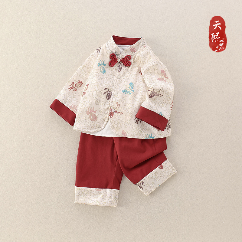 婴幼儿新中式分体套装春秋款宝宝百天抓周生日礼服中国风汉服爬服|undefined