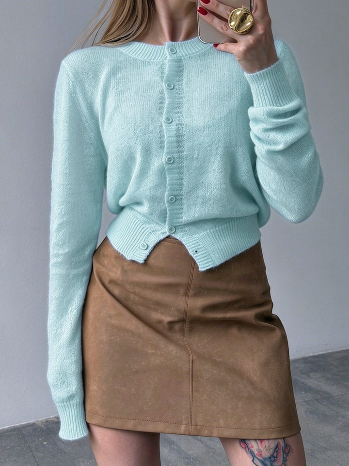 Áo cardigan len nữ dệt kim mỏng cổ tròn dáng rộng phối nút — Vàng nhạt, màu hồng, màu nâu, trắng chi tiết 11