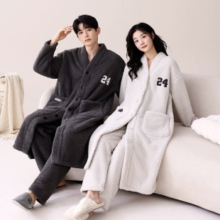 Coral Velvet Pajamas Couple's Winter Men's Nightgown Casual Simple Half Velvet Warm Cardigan Home Clothes suit Women