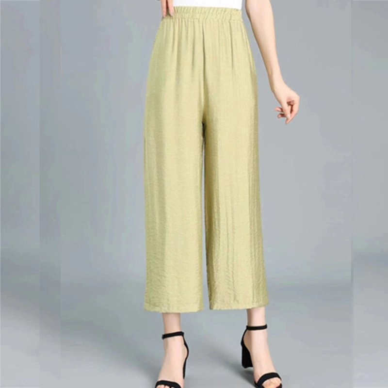Летние тонкие широкие брюки для мамы, лето 2025, новый стиль, однотонные дышащие льняные широкие брюки для женщин среднего и пожилого возраста.