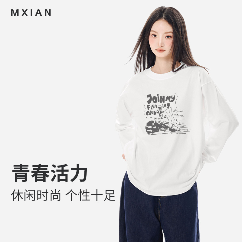 纯棉长袖t恤男女同款2025新款日系趣味印花宽松休闲百搭圆上衣服