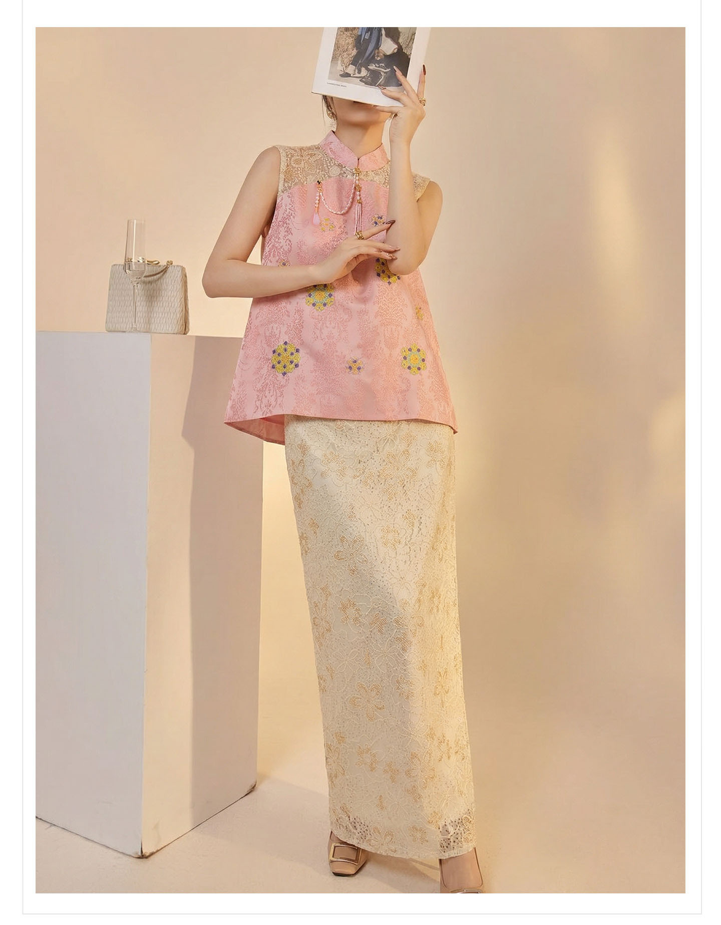 Bộ áo gile ren thêu hoa kết hợp chân váy midi phong cách Tân Trung Quốc mùa hè — bộ đồ, nửa váy, Trang chủ chi tiết 12