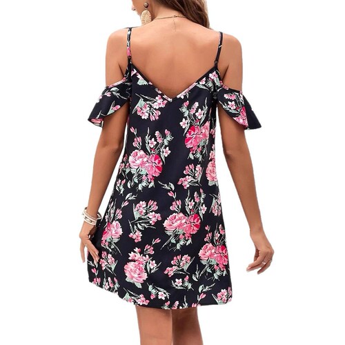 2025 European and American Printed V-Neck Sexy Strappy Floral Dress with Waist Cinching and Shoulder Exposure