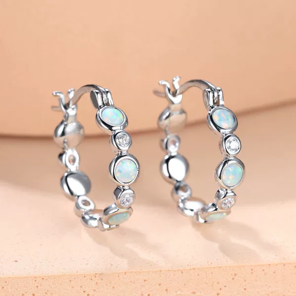 European and American Popular Round Opal + Colorfulful Zircon Full Diamond Hoop Earrings for Women Retro Versatile French Exquisite Earrings