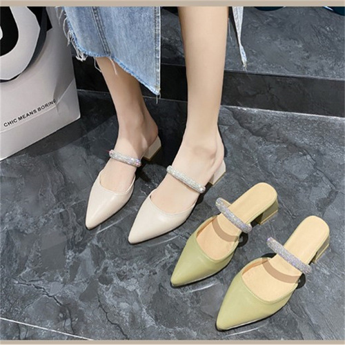  New Baotou Half Slippers Women's Summer Outerwear Thick Heel Pointed Toe Mules Fashionable Rhinestone Fairy High Heel Sandals