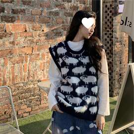绵羊图案针织马甲女外搭春秋季复古学生宽松无袖坎肩叠穿毛衣