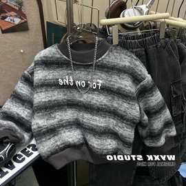 男童条纹卫衣加厚羊驼绒保暖冬装中小儿童宝宝帅气男孩长外贸代发