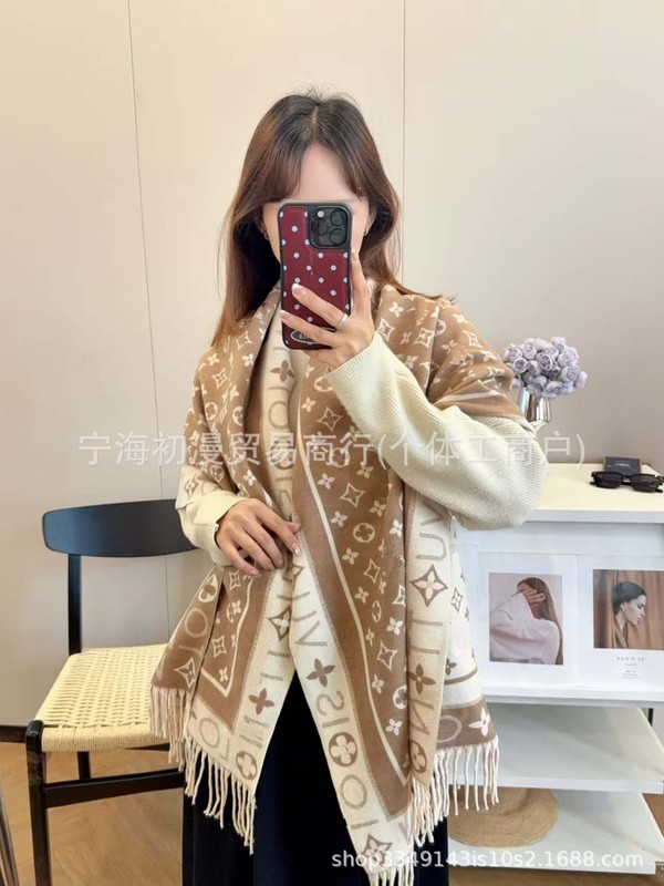 正确版本长双面仿羊绒围巾女高级感秋冬老花字母披肩加大保暖加厚|undefined