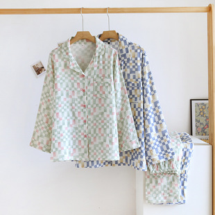 Couple Pajamas Women's Washed Cotton Double-Layer Crepe Long-Sleeved Trousers Spring and Autumn Thin Simple Contrast Color Plaid Home Clothes