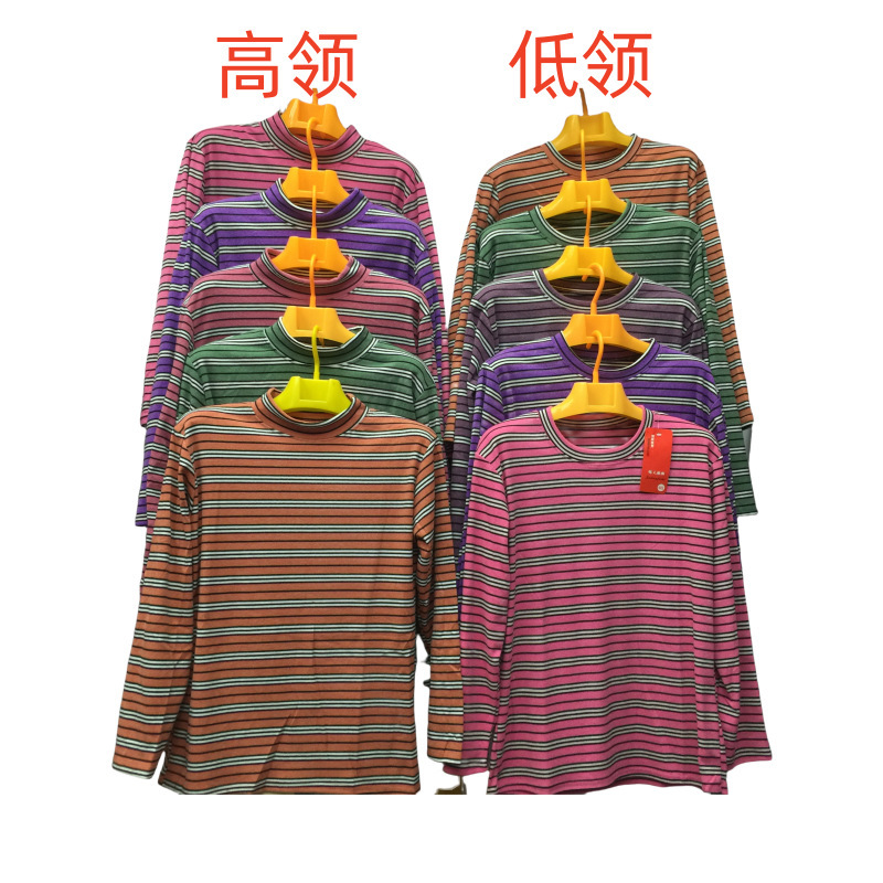 Middle-aged and old women's autumn and winter double-sided velvet striped long sleeve top plus size mother round neck base shirt wholesale