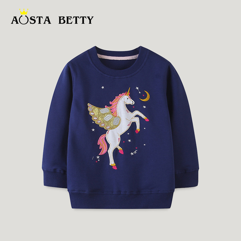 Suministro transfronterizo de nuevos productos de otoño: sudaderas para niñas con bordado de dibujos animados de estilo europeo y americano, lindas sudaderas de cuello redondo para niños pequeños.