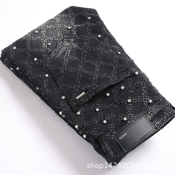 Foreign Trade Style Punk Black Slim Stretch Orange Embroidered Teenager Trumpet Men's Jeans Trendy 3900