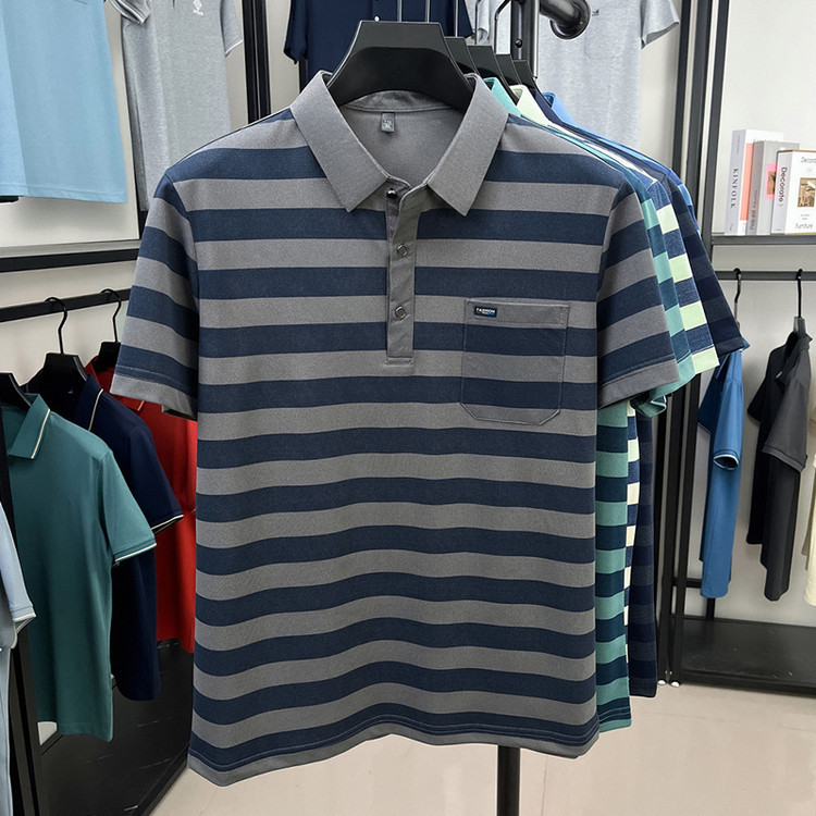 夏の新作メンズ半袖Tシャツ中年紳士本物のポケットストライプ半袖ラペルTシャツメンズ外国貿易|undefined