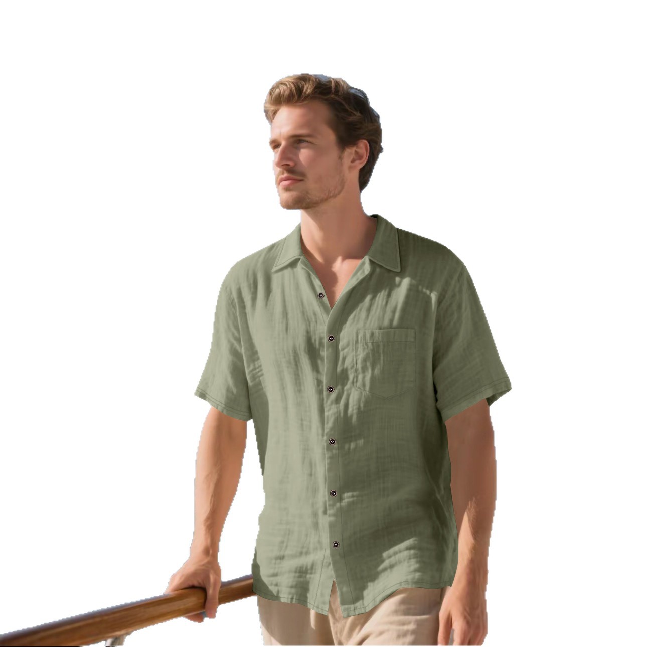 Herren-Leinenhemd mit kurzen Ärmeln, lässig, atmungsaktiv, Sommeroberteil mit Taschen, Basic-Freizeit-Strandbekleidung_voghion.com