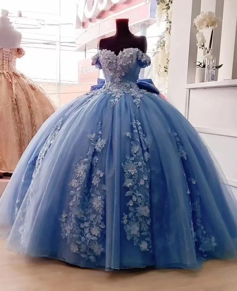 Vestido de gala de la fiesta, vestido de gala de solista, vestido de gala azul, personaje de hombro, personaje de cintura alta, solista, solista.