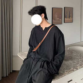 肌理感V领长袖T恤男女春秋潮牌宽松薄款上衣痞帅高级感内搭打底衫