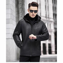 绵羊皮滚涂复合毛皮毛二体体男商务连帽皮衣皮草外套韩版修身