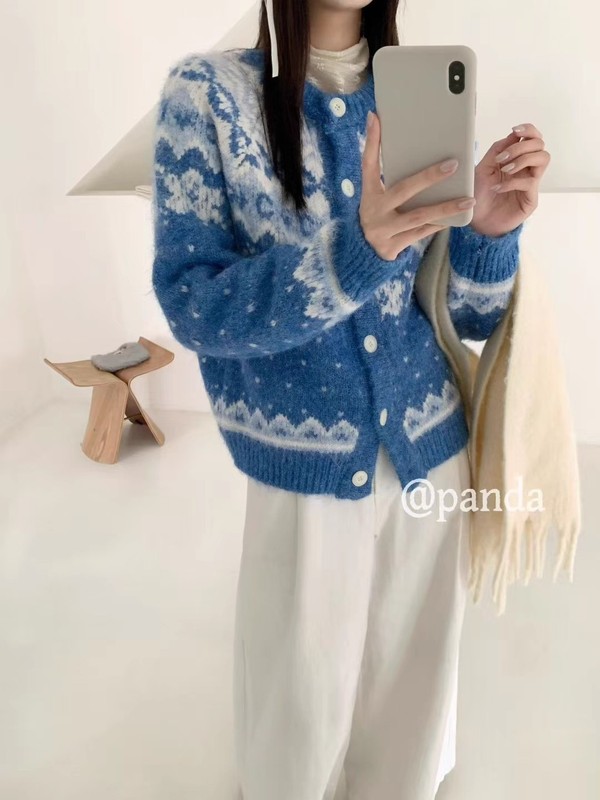 2025新款秋冬韩版宽松慵懒风圆领针织开衫女百搭费尔岛拼色开衫女|undefined