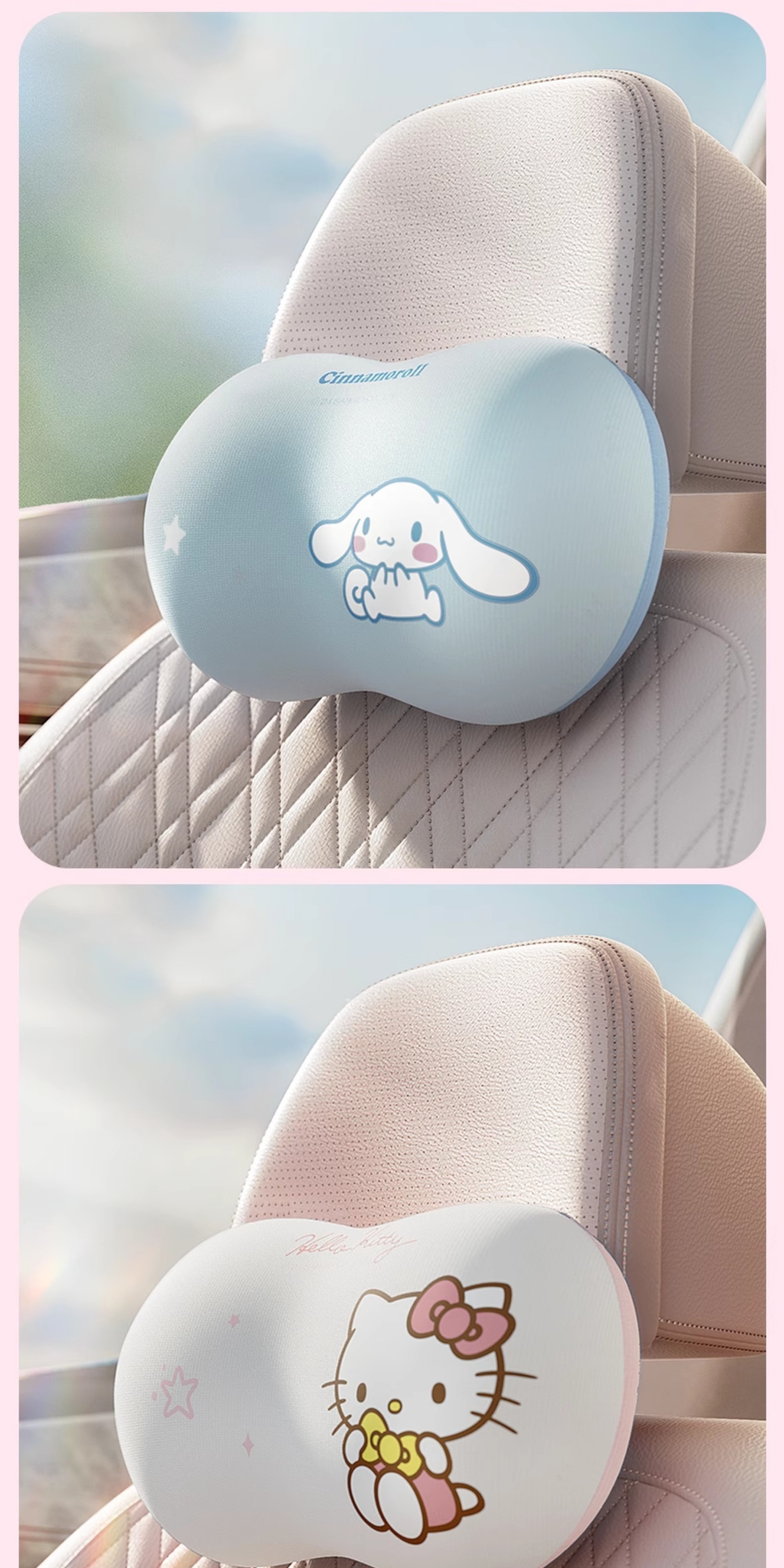 Sanrio Car Headrest, Car Cushion, Neck Pillow, Washable High-Elastic Memory Foam Car Headrest and Lumbar Support Set