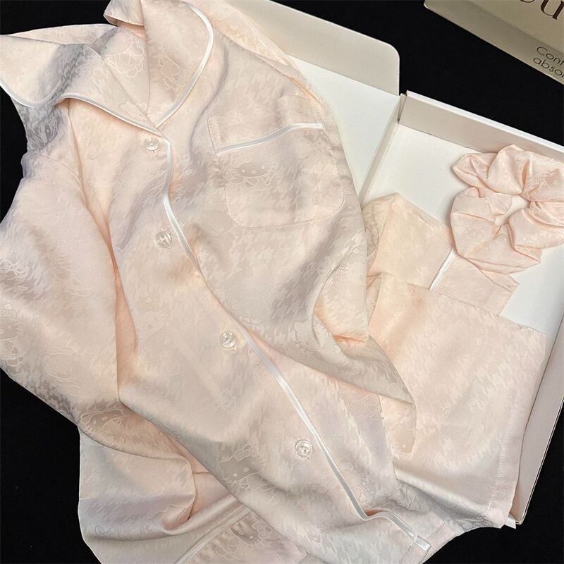 Jacquard Ice Silk Kt Cat Pajamas Women's Summer Cardigan Long-Sleeved Pants Internet Celebrity High-End Home Wear Suit Manufacturer