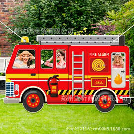 亚马逊跨境新款救援救火红色消防车主题拍照旗帜门挂摄影背景布