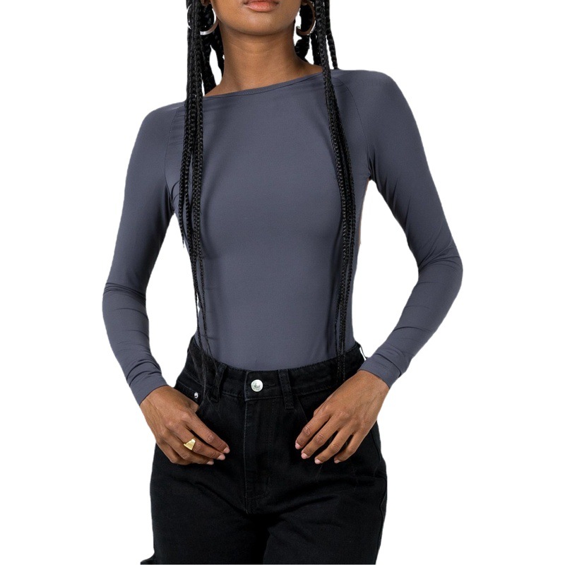 Europa y América de las mujeres cuello redondo mono backless color sólido manga larga que adelgaza apretado tocar fondo nuevo SU3175