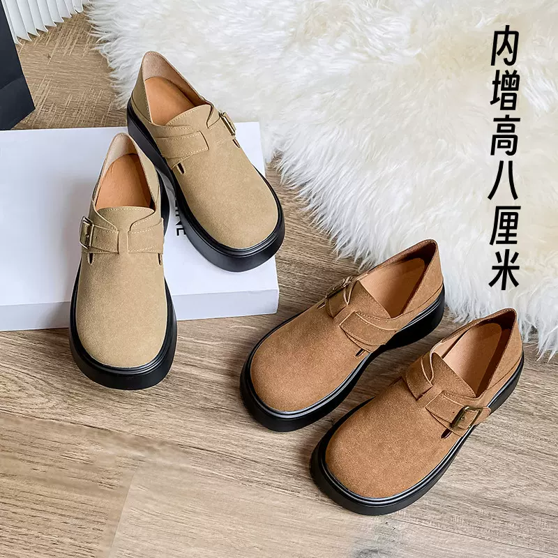 真皮复古内增高勃肯鞋女2023秋冬新款厚底一脚蹬乐福鞋大头丑萌鞋