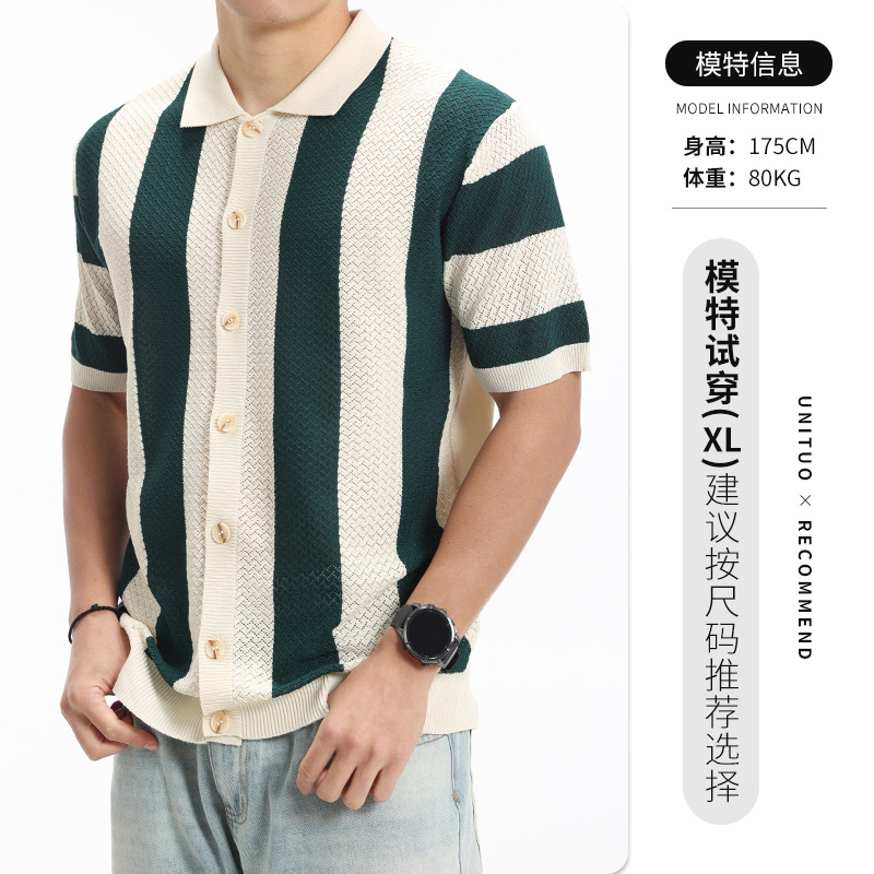 Camisas de polo de hielo de punto a rayas de estilo antiguo, camisetas de color contrastante, camisetas casuales de negocios, mangas cortas para hombres