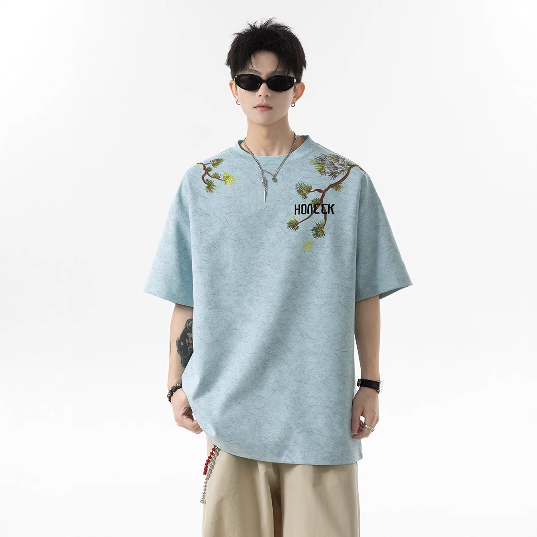 2025 New Chinese Style National Style Embroidered T-Shirt Short Sleeve Men's 2025 New Summer Wear Handsome Heavyweight Half Sleeve Clothes