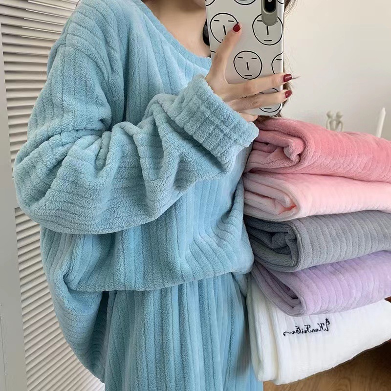 630g Weight Long Sleeve Sleeve Length Pajamas Lingerie Type Pullovers Placket Type Polyester Fabric Type Long Top Length Pants Sets Sets Type 2 Pieces Set Quantity Home Occasion Round Neck Neckline Warm Function Loose Fit Type Stripe, Solid Color Pattern Winter, Autumn Season Women's Gender Casual, Simple Style Style Autumn And Winter New Crescent City Warm Suit Casual Homewear Internet Celebrity Coral Fleece Thick Thermal Pajamas 无