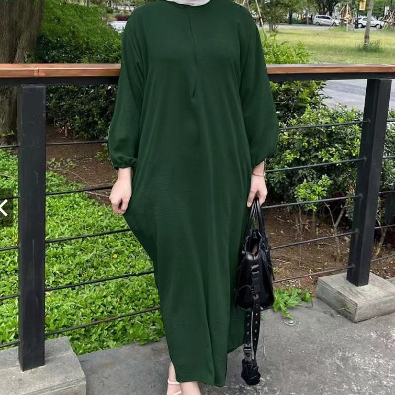 Cross-border Middle Eastern Muslim New Women's Puff Sleeve Solid Color Vest Robe, Ladies' Casual Loose Long Dress In_ecoleips.com