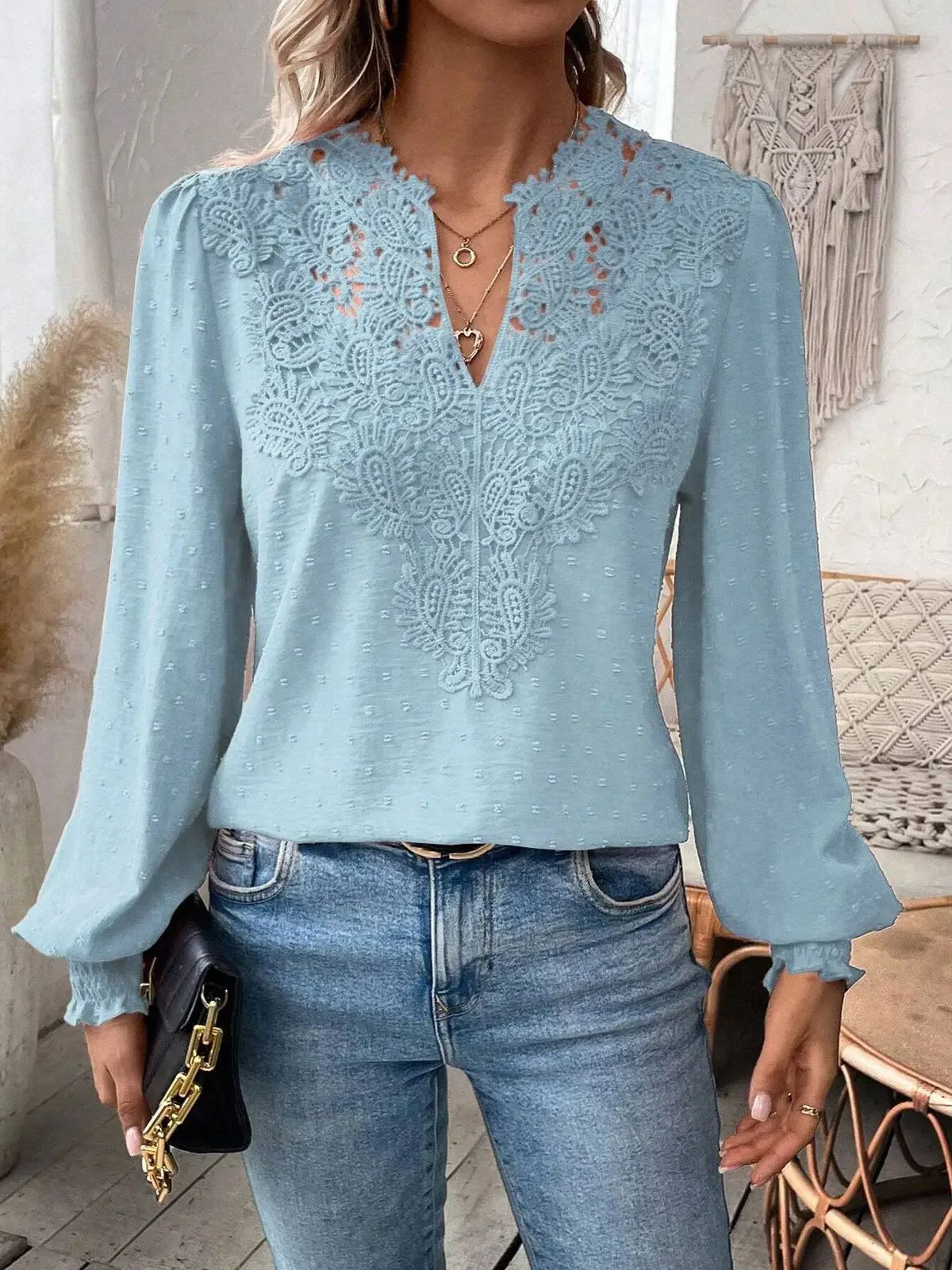 Women's New V-neck Lace Patchwork Long Sleeved Casual Shirt Women's Top_voghion.com