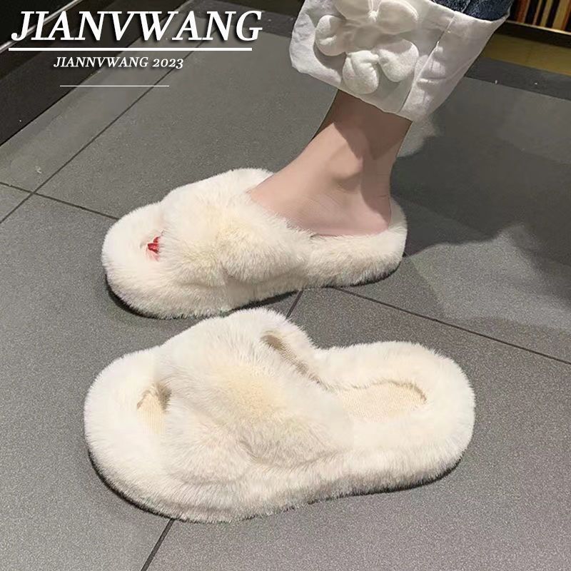 Zapatillas gruesas cruzadas con lana para mujeres otoño y invierno nuevas zapatillas de algodón doméstico de fondo suave grueso muffin