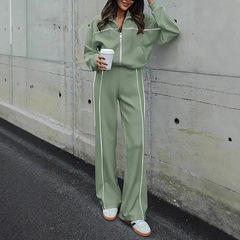 2025欧美女式通勤两件套运动服秋季长袖拉链运动衫长裤女装套装