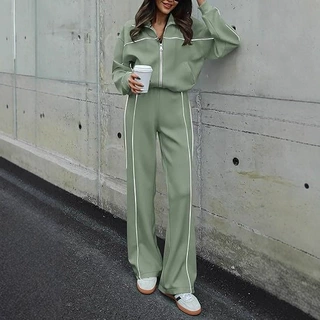 2026欧美女式通勤两件套运动服秋季长袖拉链运动衫长裤女装套装