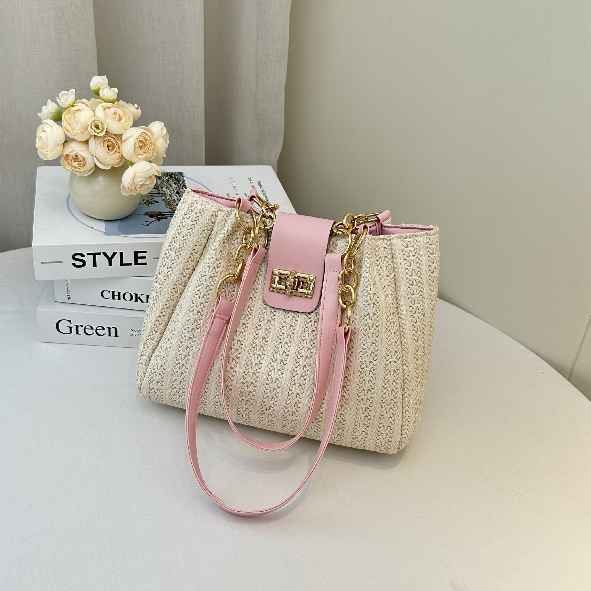 Bolsas de tejido transfronterizas de mujeres 2025 nueva bolsa de hombro de gran capacidad bolsa de vacaciones de playa bolsa de paja al por mayor
