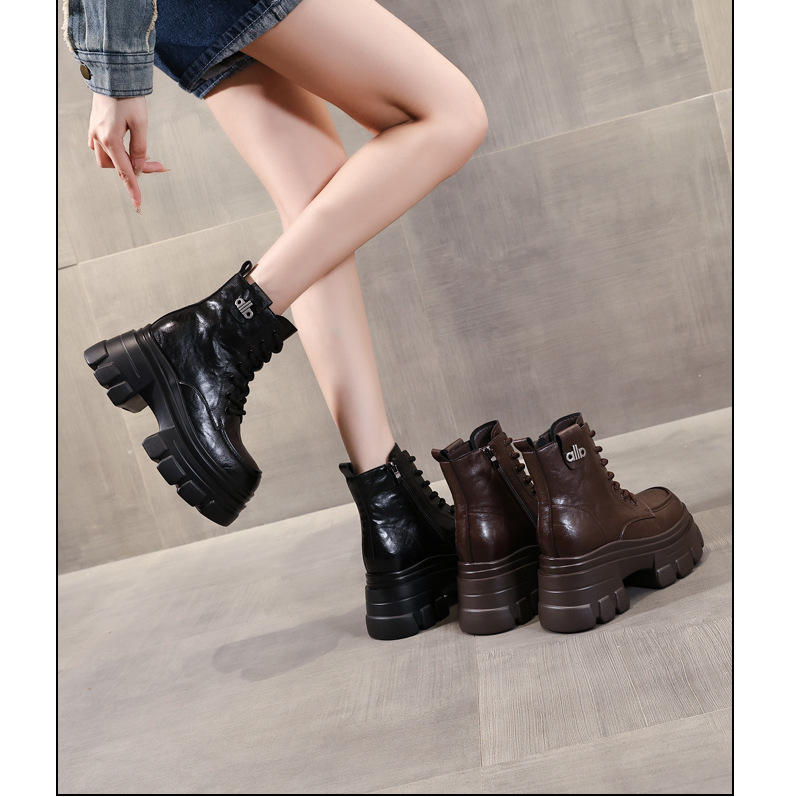 Boot nữ đế dày nâng chiều cao phong cách Anh cổ điển mùa thu đông — Lớp lót nhung đen chi tiết 14