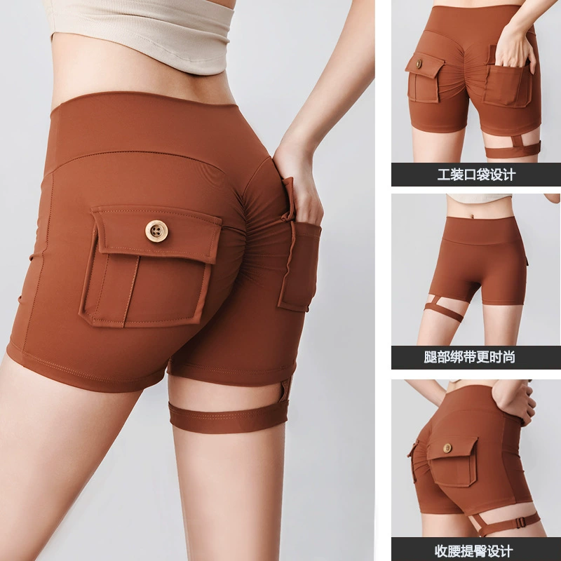 Сексуальные фитнес-шорты женские узкие европейские и американские ягодицы спортивные штаны беговые штаны шорты тренировочные шорты хот-брюки с ремешками для йоги