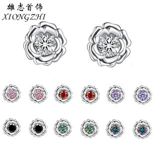 Cross-border S925 Sterling Silver Rose Moissanite Earrings Women's Korean-style Light Luxury Colorful Mosane Diamond Flower Earrings in stock